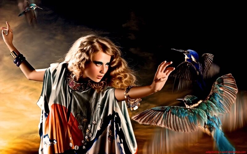 woman with birds in motion