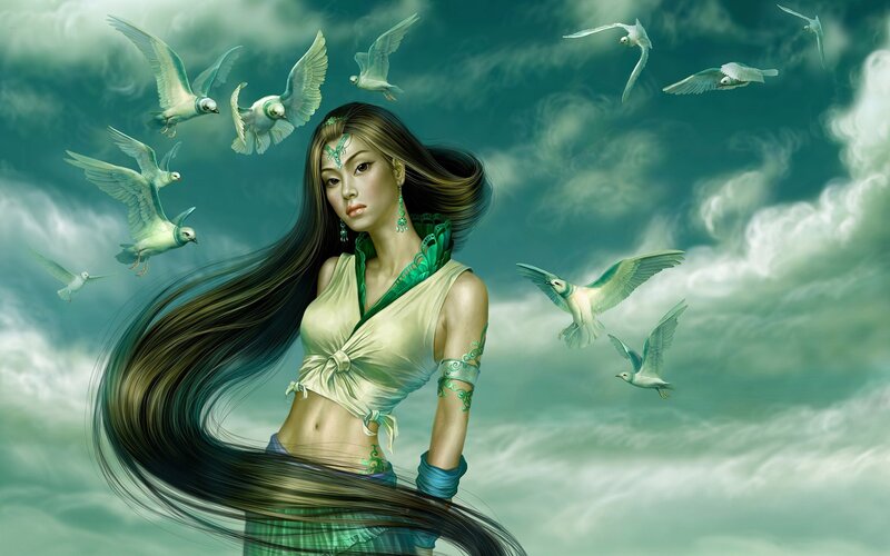 woman with birds in sky
