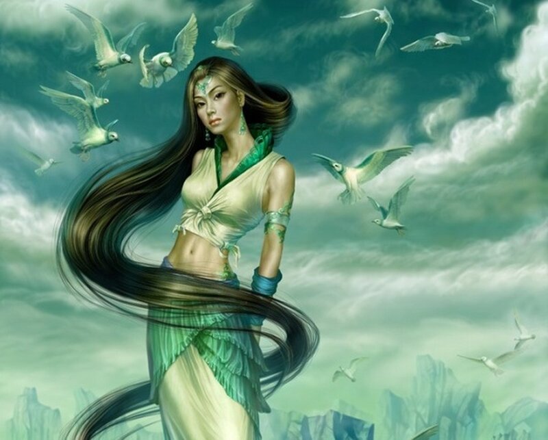 woman with birds in sky