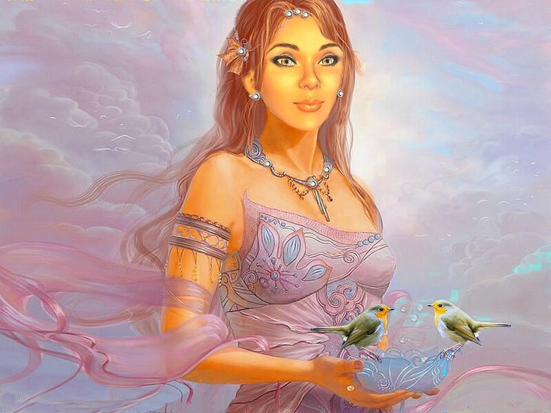 woman with birds in sky