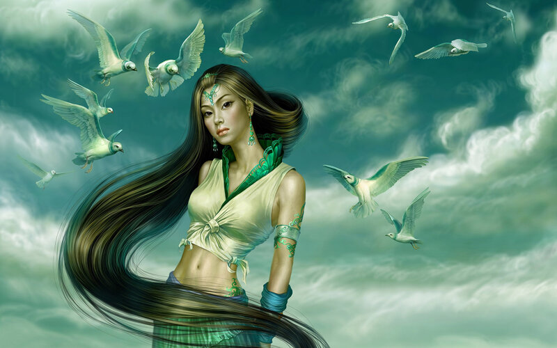 woman with birds in sky