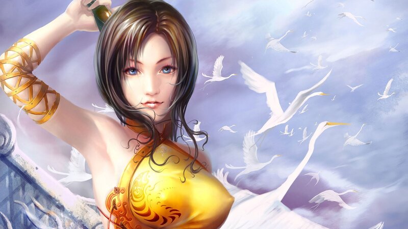 woman with birds in sky