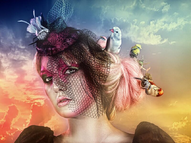 Woman with Birds on Head — Pink