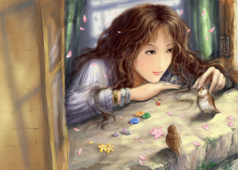 Woman with Birds on Windowsill — Brown