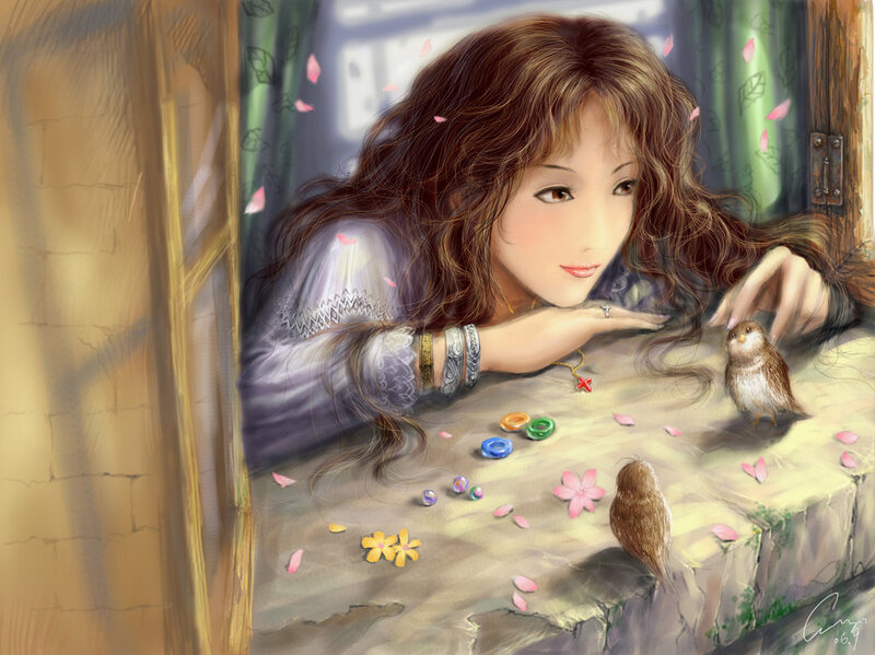 Woman with Birds on Windowsill
