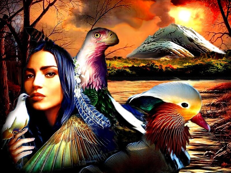 Woman with Birds — Orange, Dramatic