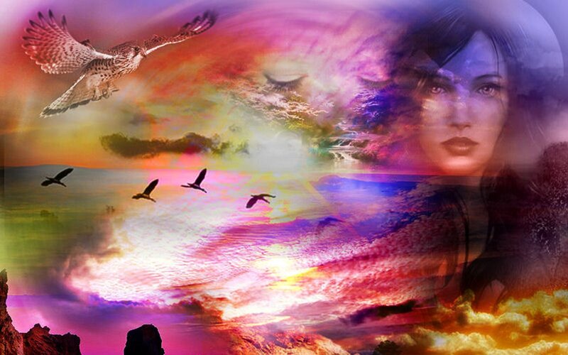 Woman with Birds — Purple, Dreamy