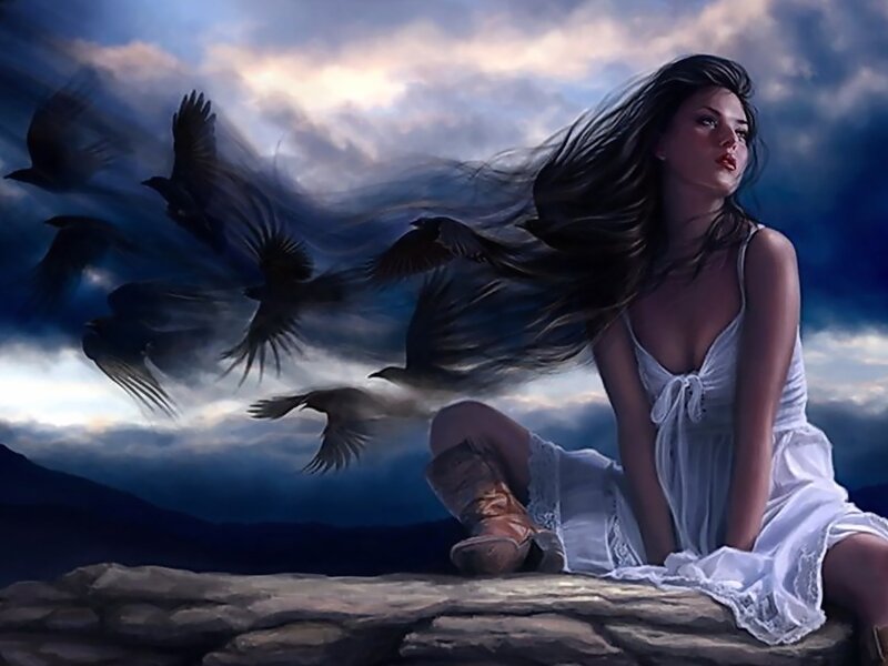 Woman with Birds — White, Dramatic