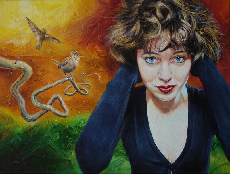 Woman with Birds — Yellow, Dramatic