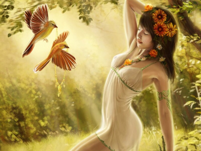 Woman with Birds — Yellow, Serene