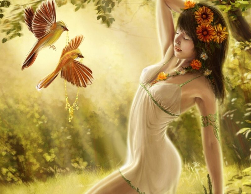 Woman with Birds — Yellow