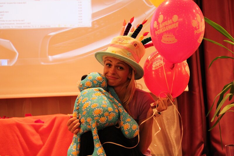 Woman with birthday hat and balloons