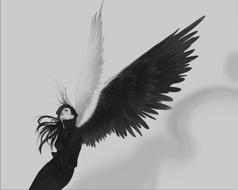 woman with black and white wings