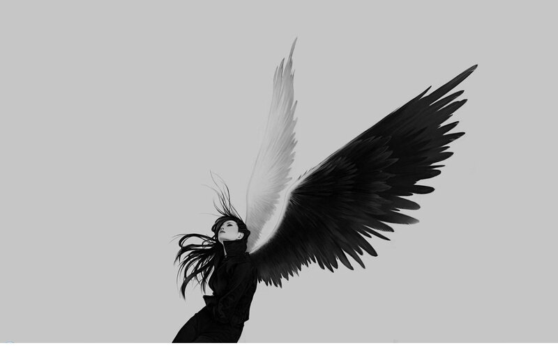 Woman with Black and White Wings — Dramatic, Digital Art, Hair, Clothing, Gray