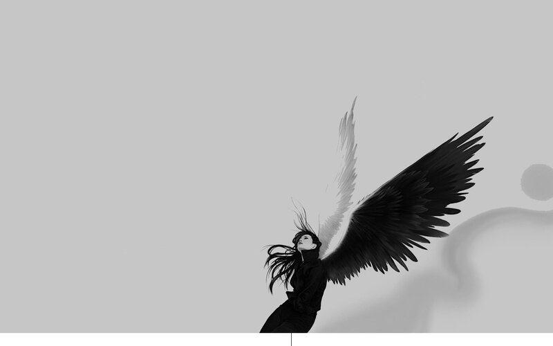 Woman with Black and White Wings — Dramatic, Digital Art, Hair, Sky