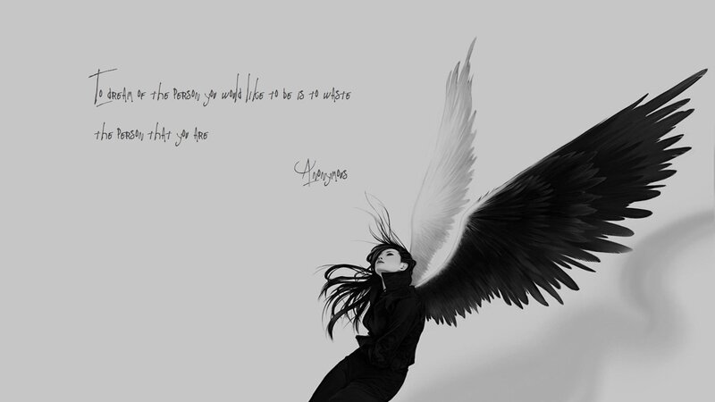 Woman with Black and White Wings — Dramatic, Digital Art, Hair, Text, Gray