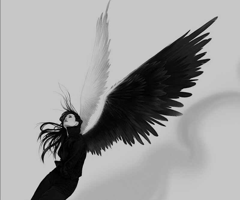 Woman with Black and White Wings — Dramatic, Digital Art, Hair