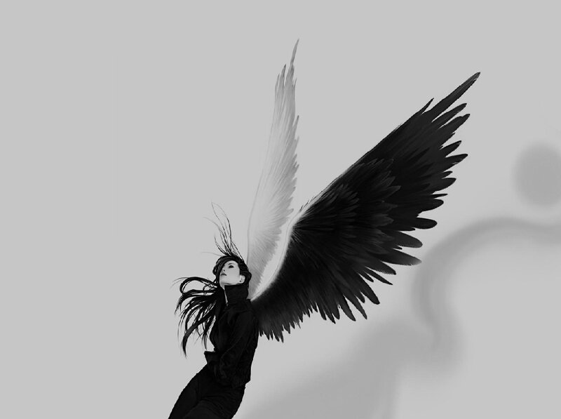 woman with black and white wings