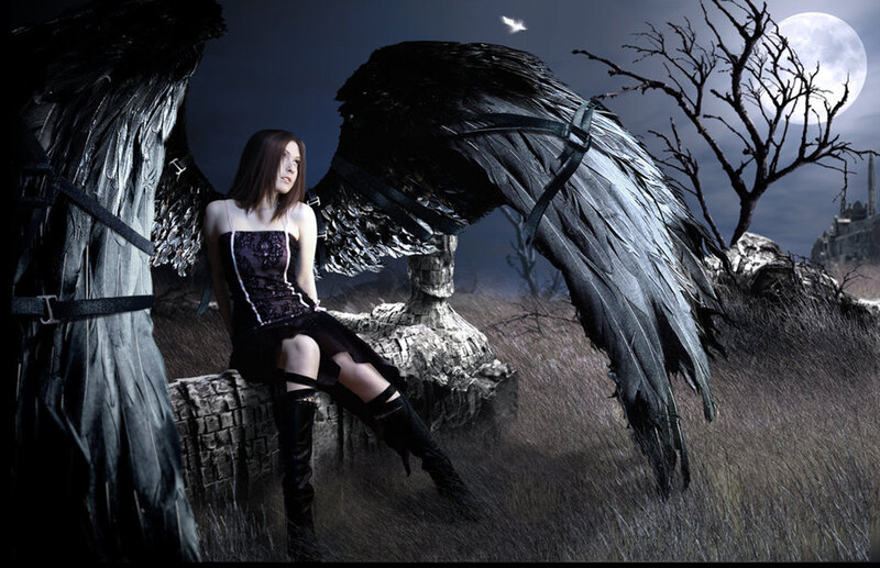 woman with black angel wings
