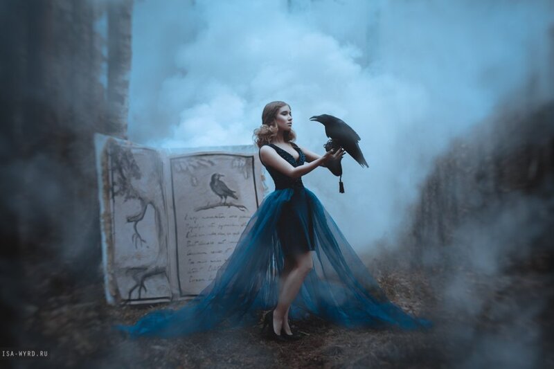 Woman with Black Bird — Blue, Dramatic