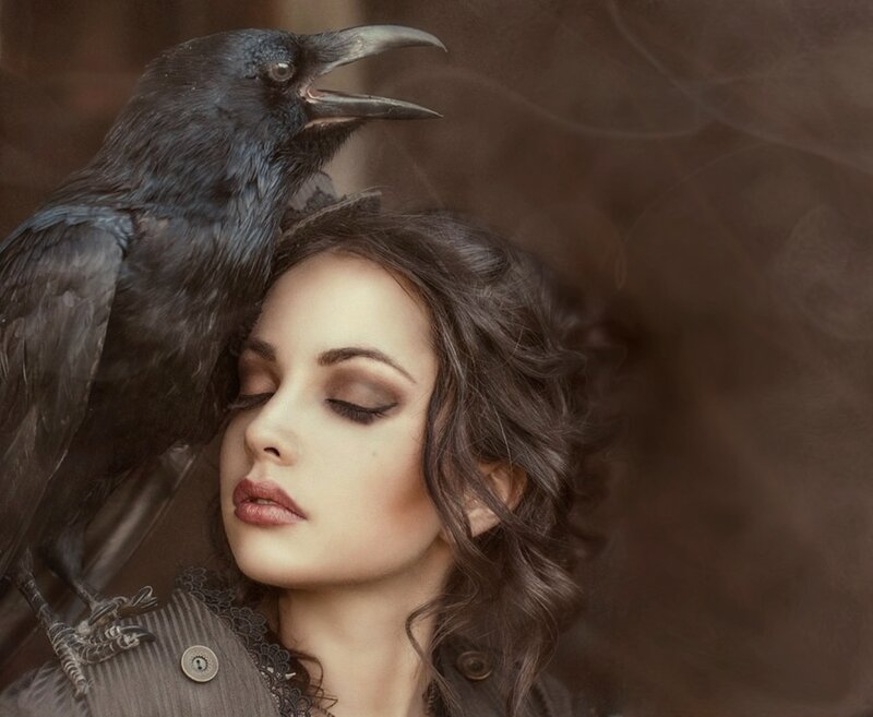 Woman with Black Bird — Brown, Dramatic