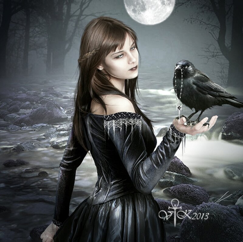 Woman with Black Bird — Dramatic, Night, Digital Art