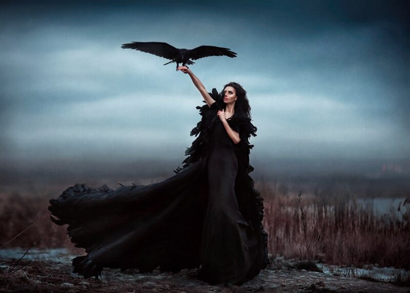 Woman with Black Bird — Dramatic, Night, Photograph, Dress