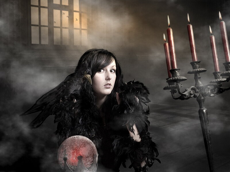 Woman with Black Bird — Dramatic, Night, Photograph
