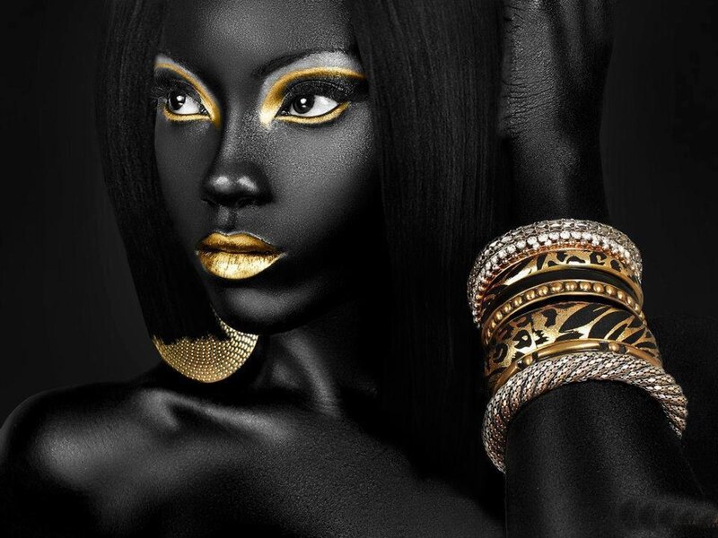 Woman with Black Body Paint — Dramatic, Photograph, Gold Makeup