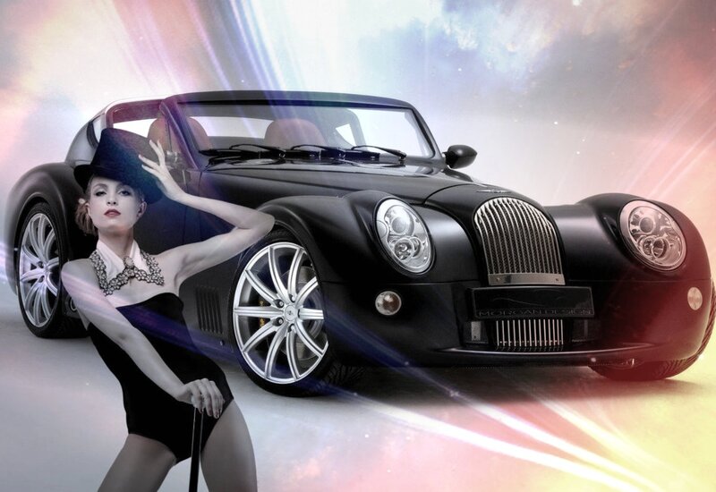 Woman with Black Car — Dramatic, Photograph, Hat