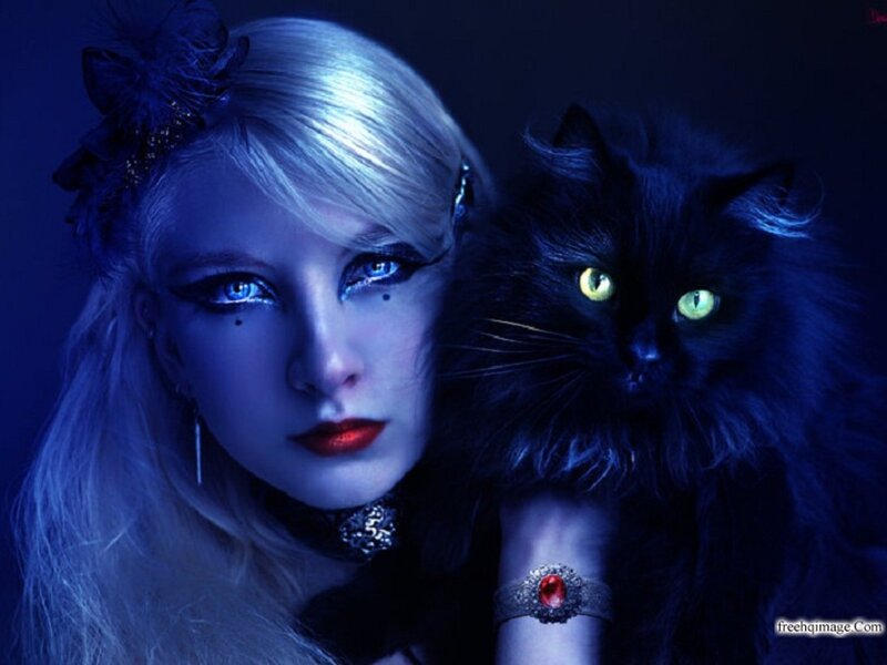 Woman with Black Cat — Blue, Dramatic, Night, Digital Art, Makeup