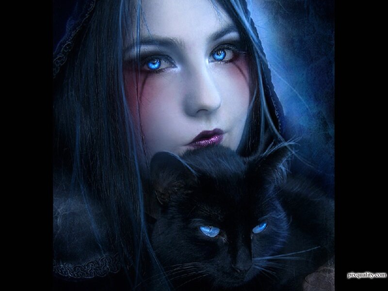 Woman with Black Cat — Blue, Dramatic, Night, Digital Art