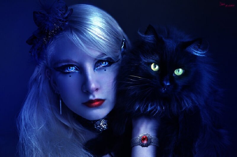 Woman with Black Cat — Blue, Dramatic, Night