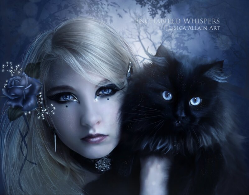 Woman with Black Cat — Blue, Mysterious, Night
