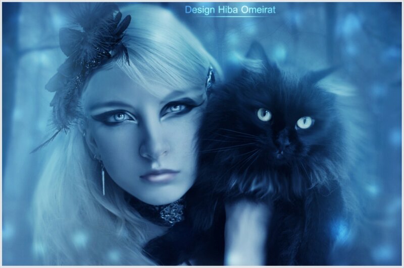 Woman with Black Cat — Blue, Mysterious