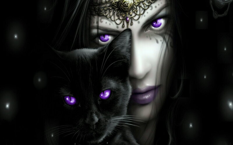 Woman with Black Cat — Dark, Night, Digital Art, Purple Eyes