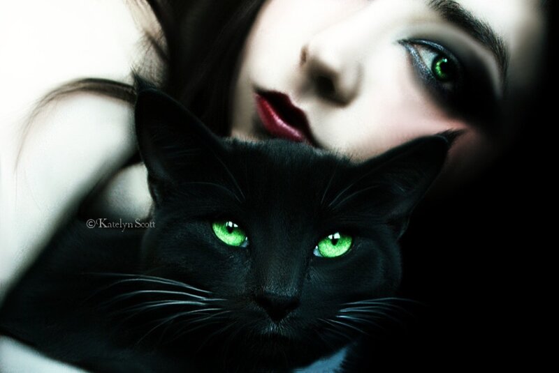 Woman with Black Cat — Dramatic, Digital Art, Green Eyes