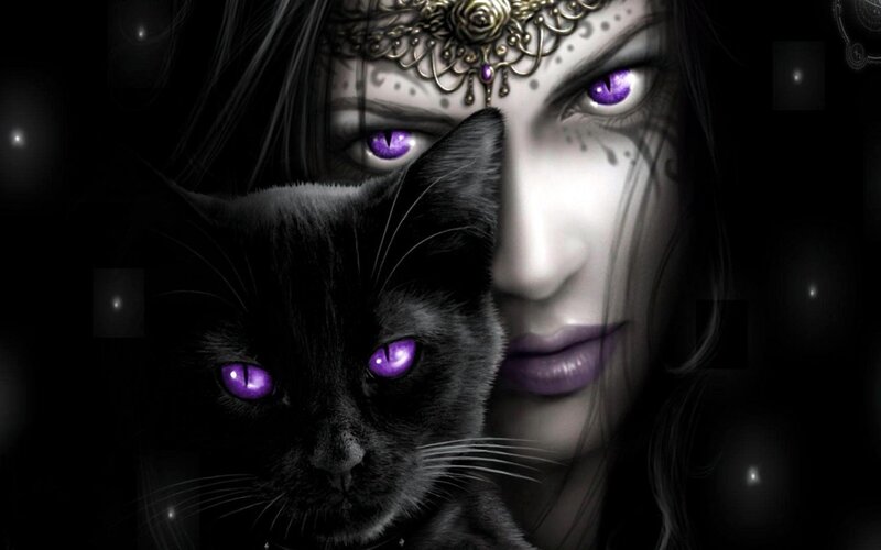 Woman with Black Cat — Dramatic, Night, Digital Art, Face