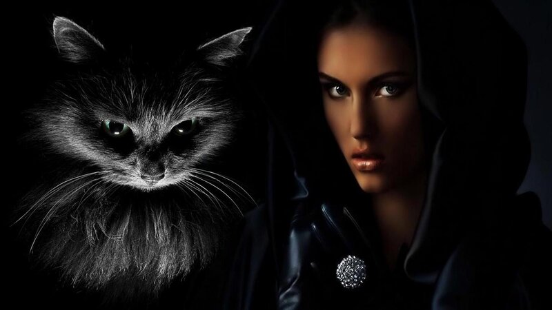 Woman with Black Cat — Dramatic, Night, Digital Art, Hooded Cloak