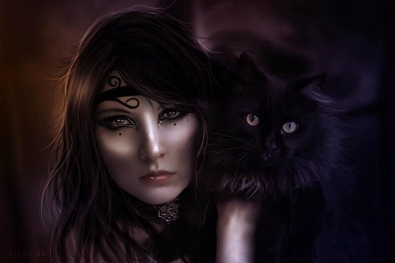 Woman with Black Cat — Dramatic, Night, Digital Art, Makeup