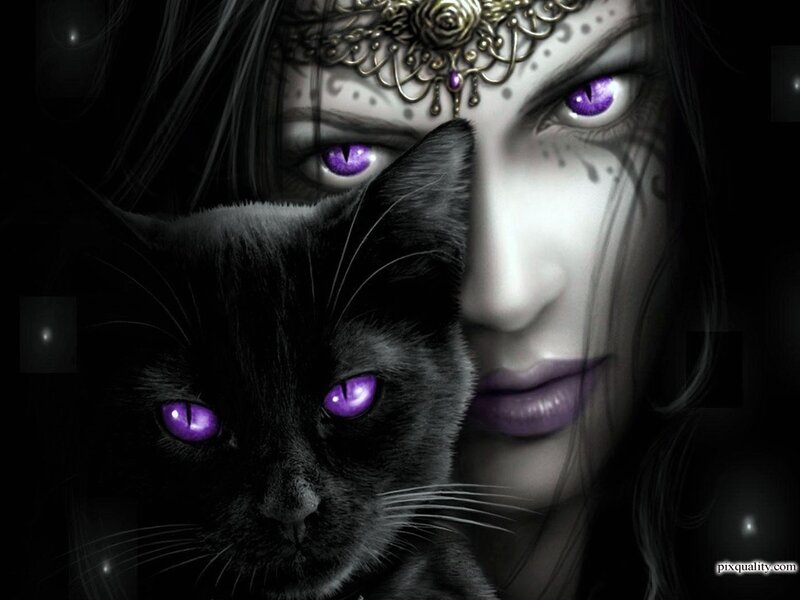 Woman with Black Cat — Dramatic, Night, Digital Art, Purple Eyes, Face Paint