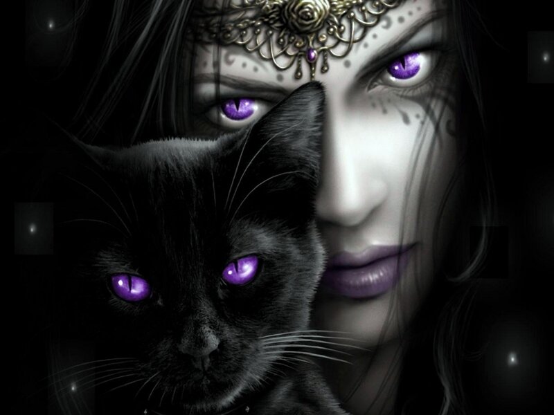 Woman with Black Cat — Dramatic, Night, Digital Art, Purple Eyes