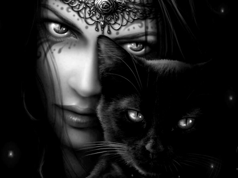 Woman with Black Cat — Dramatic, Night, Digital Art, Tattoo