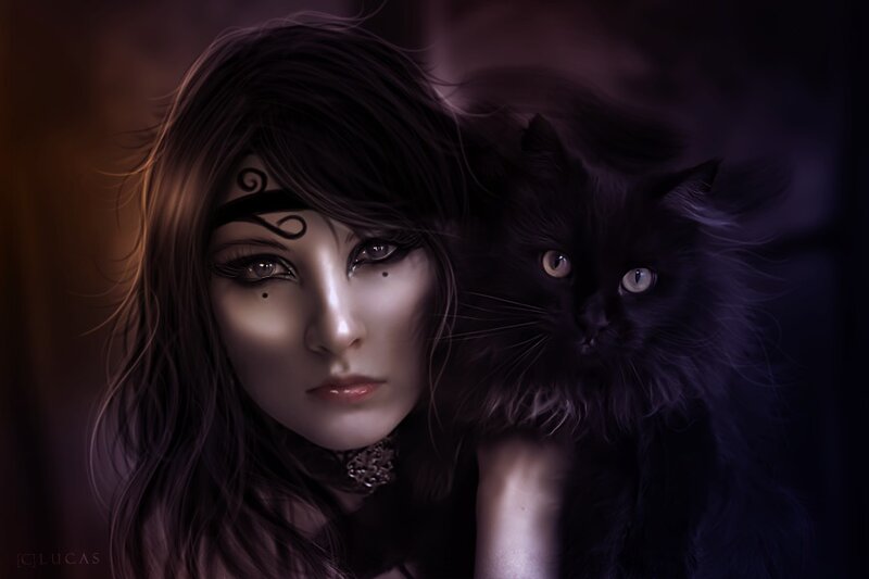 Woman with Black Cat — Dramatic, Night, Digital Art