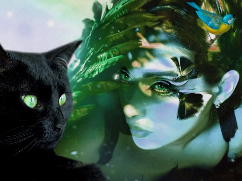 Woman with Black Cat — Green, Dreamy