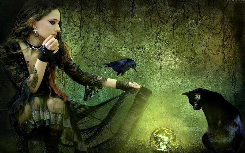 Woman with Black Cat — Green, Mysterious