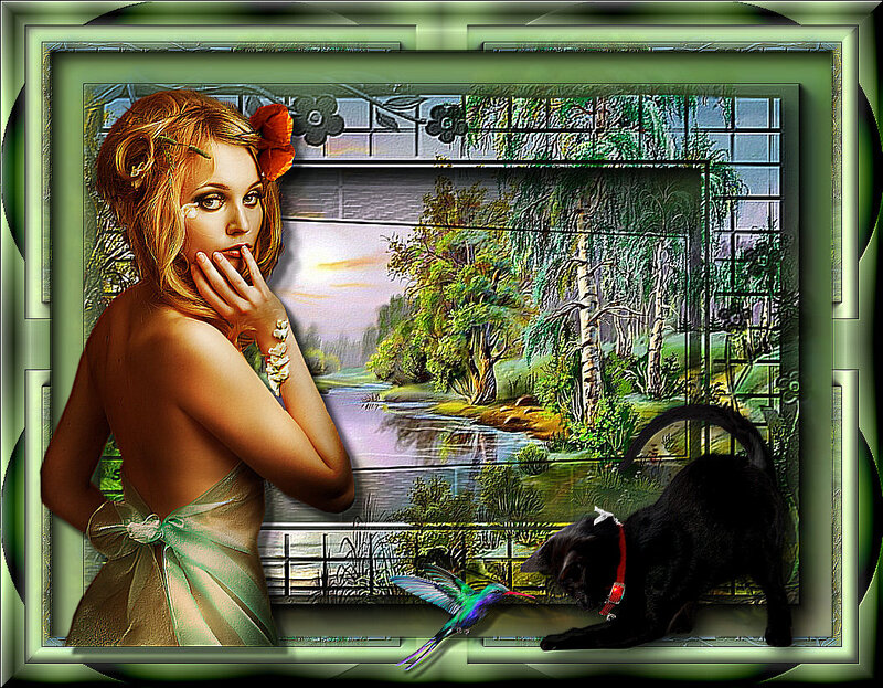Woman with Black Cat — Green