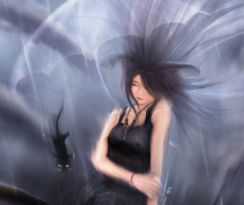woman with black cat in storm