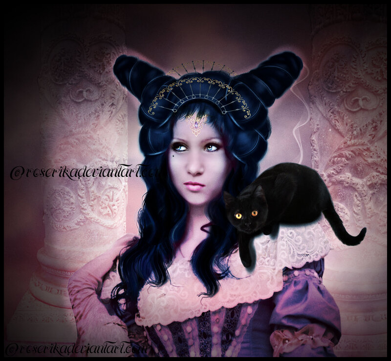 Woman with Black Cat — Purple, Dramatic, Digital Art