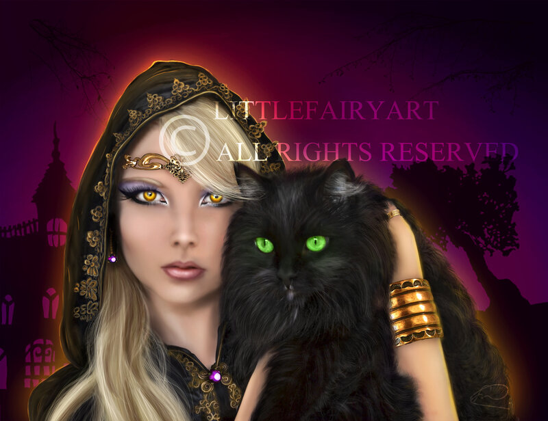 Woman with Black Cat — Purple, Dramatic, Night, Digital Art